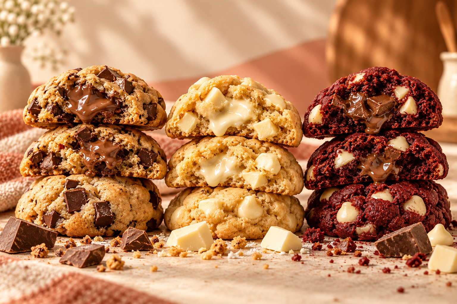 Milk chocolate, white chocolate and red velvet cookies cut open to show their baked centres